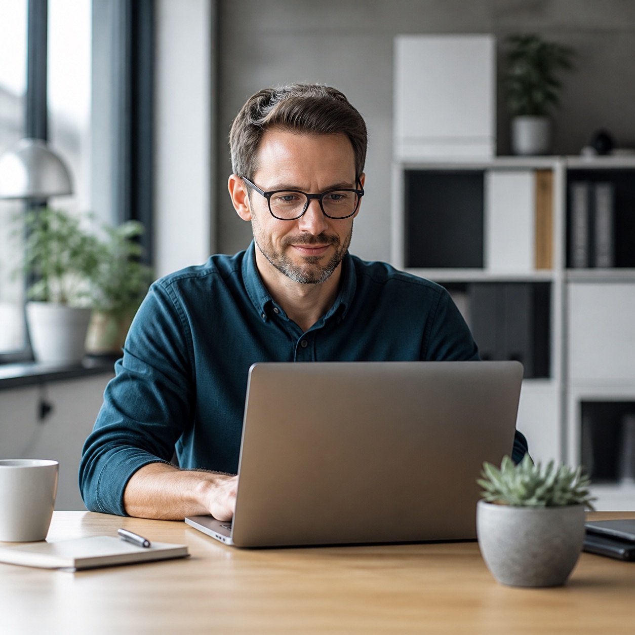Selbstständiger bei der konzentrierten Arbeit am Laptop